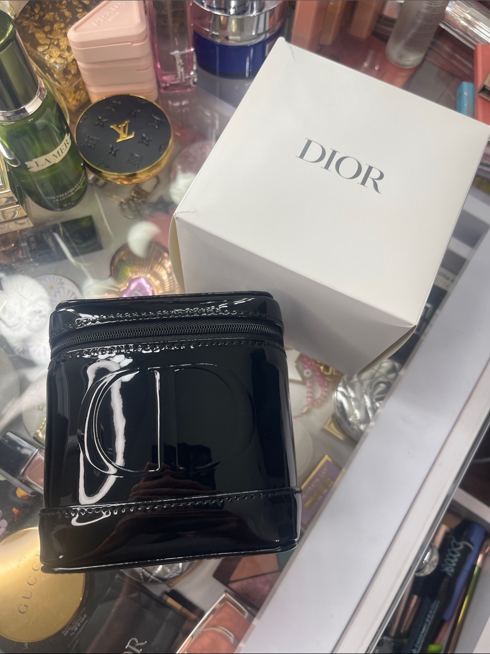 Dior Black Patent Makeup Train Case with Dior pouch